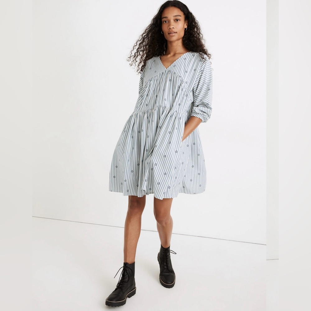 NWT Madewell Striped V-Neck Tiered Mini Dress In Coastal Blue